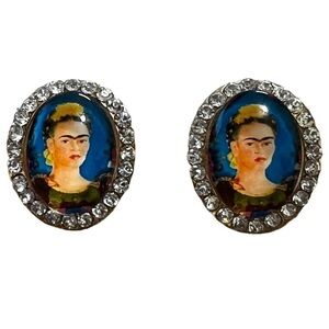 Frida Portrait Crystal Rhinestone Oval Post Earrings
